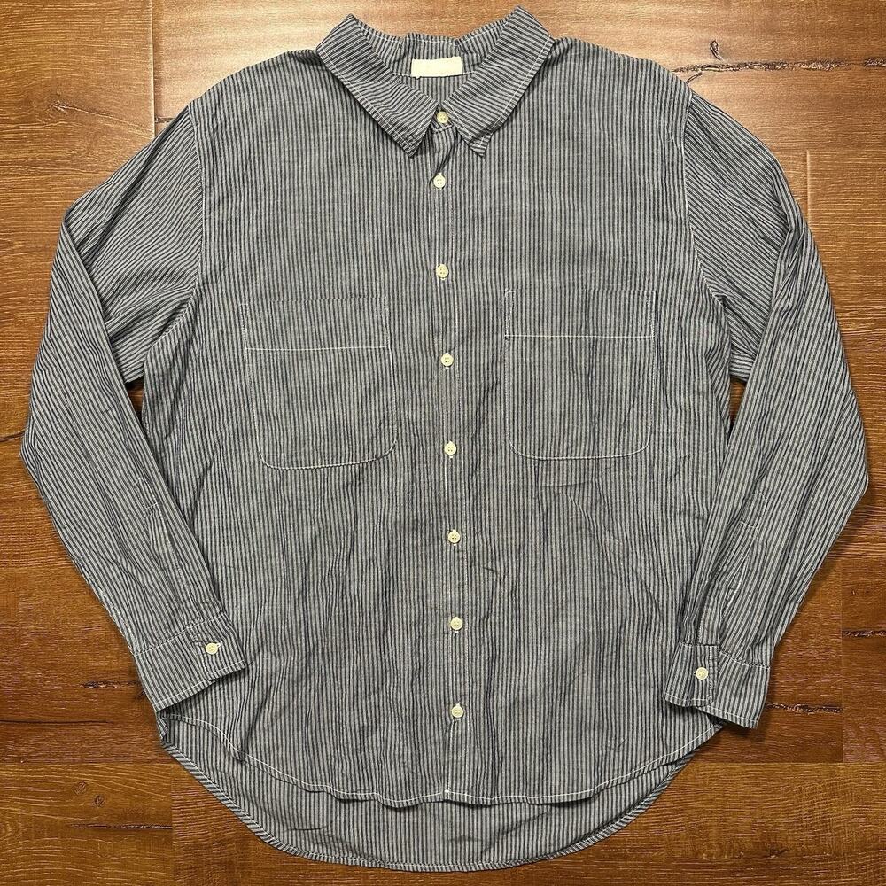 CP Shades Button Up Top Womens L Blue Stripe Linen Blend Oversized Boyfriend
